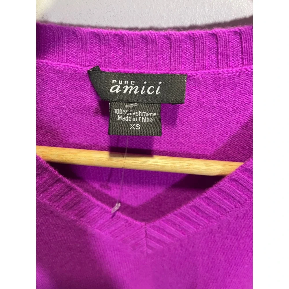 Pure Amici Sweater Women XS Purple‎ 100% Cashmere V-Neck Side Zip Knit Pullover